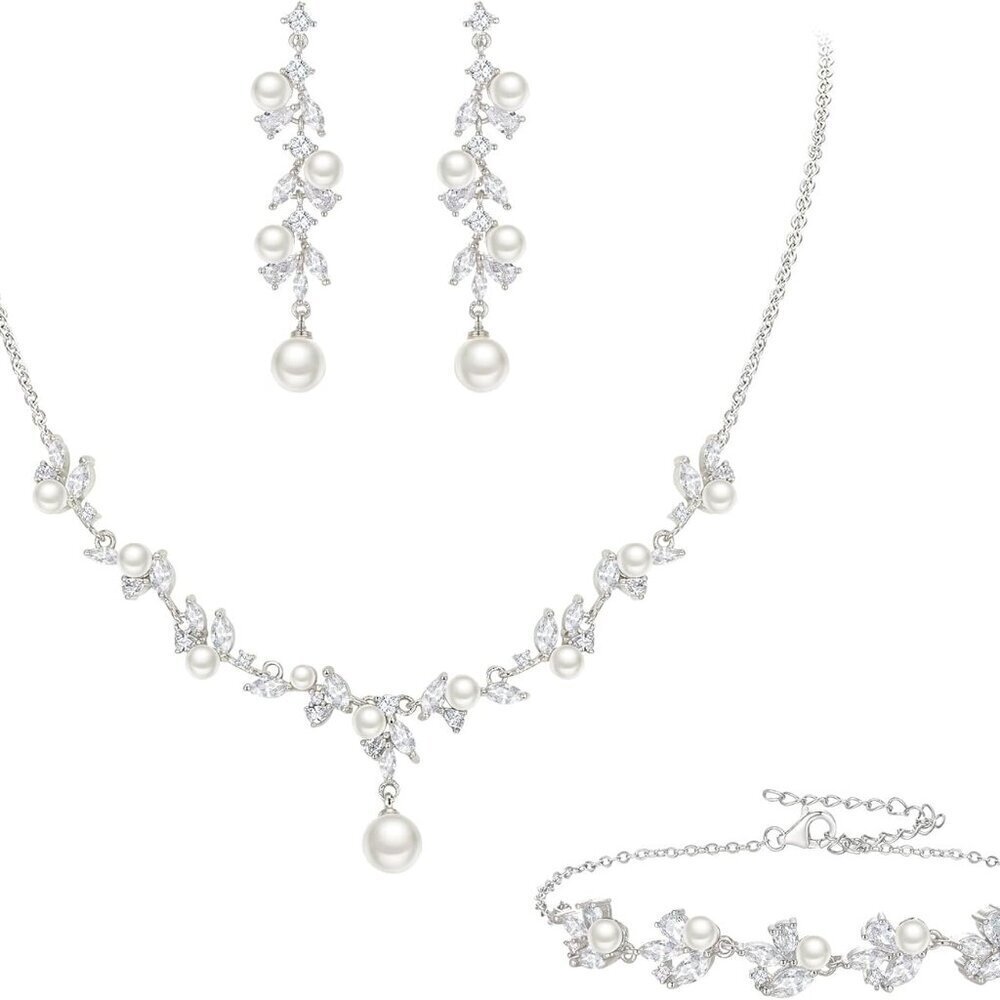 Women's Faux Pearl Jewelry Set Bridal Necklace Earrings Bracelet Hypoallergenic